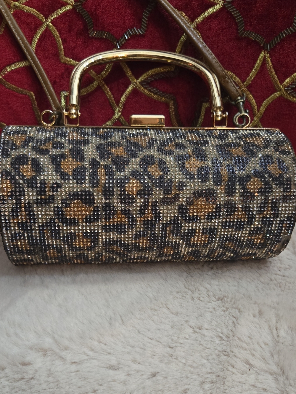 Crystal-Embellished Silver Animal Print  Evening Clutch Barrell With Gold Handle